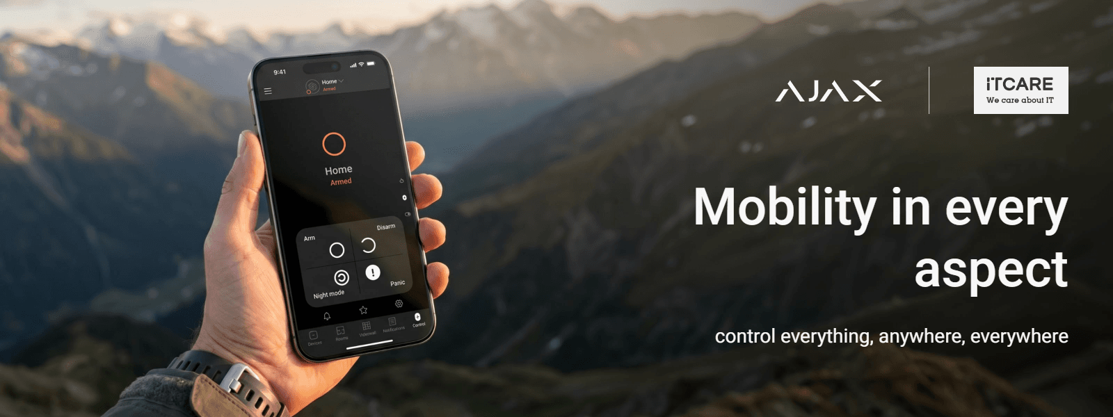 Ajax mobile app against a mountain landscape. Mobility in every aspect: control everything, anywhere, everywhere.