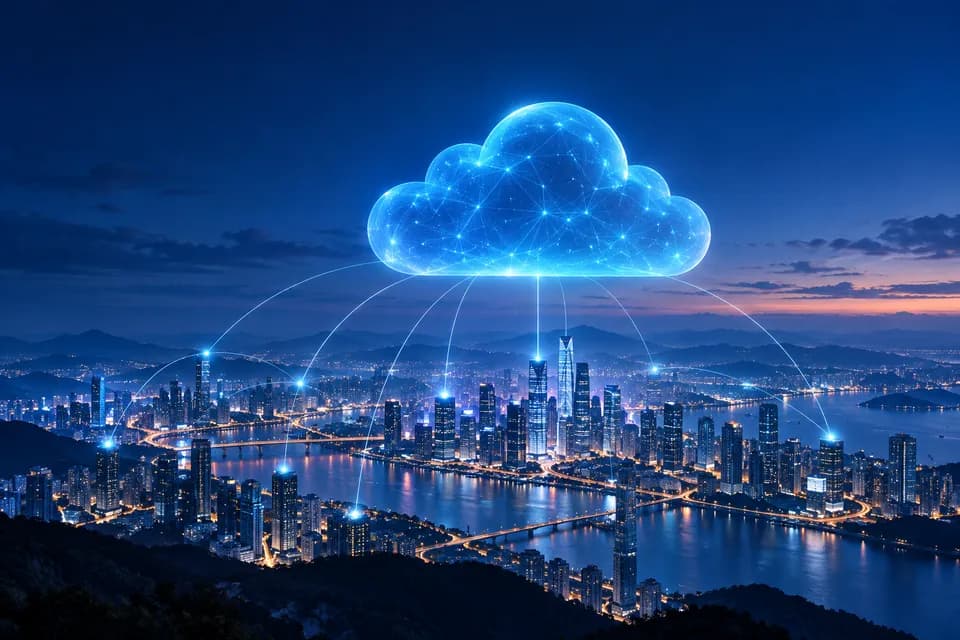 Cloud computing illustration with connected points above a city