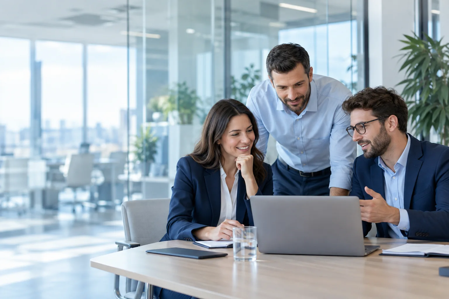 Business colleagues working together around a laptop in a bright office