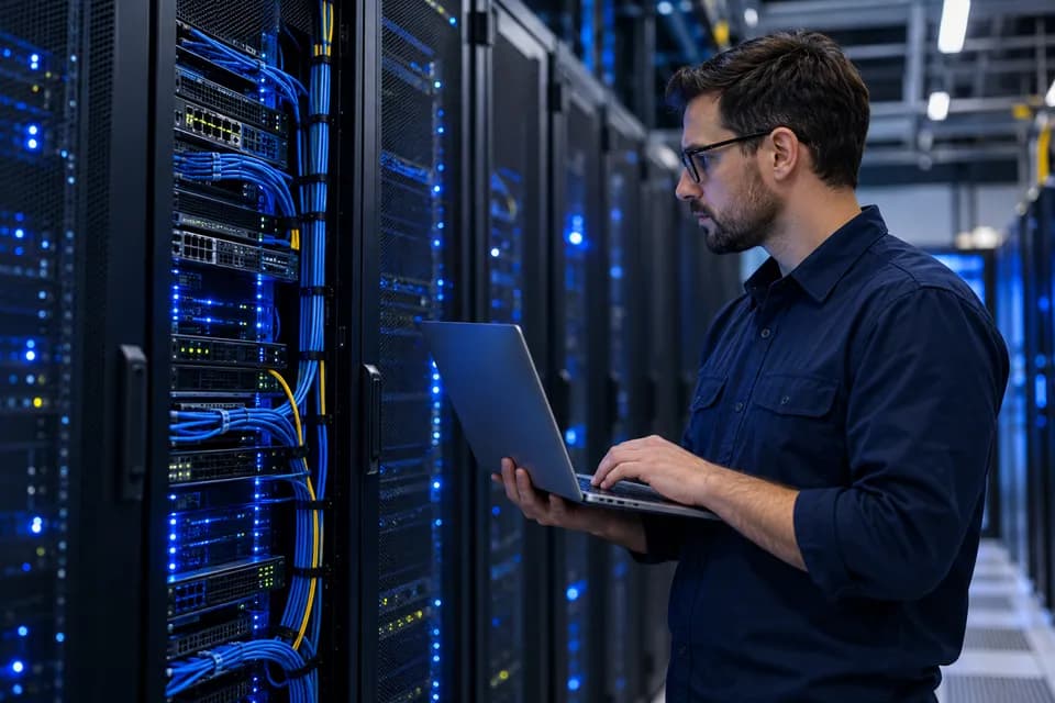 IT engineer using a laptop beside server racks